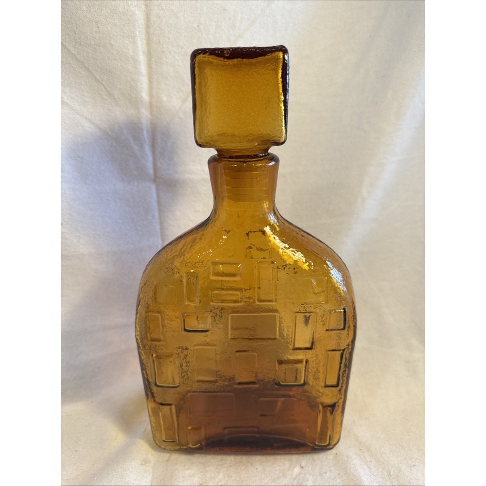Rare! Empoli Italy Amber Glass Geometric Square MCM Decanter Bottle 11x 5.75"